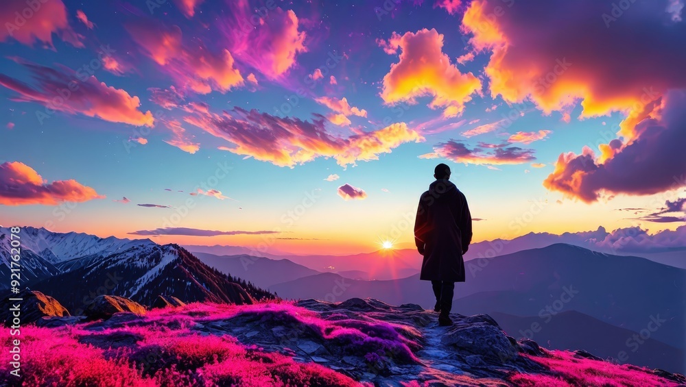 Obraz premium Man Looking at Sunset over Mountains.