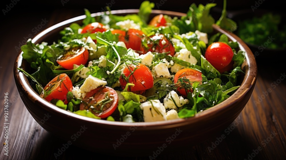 Fresh salad with mixed greens, cherry tomatoes, and feta cheese Fresh salad with mixed greens, cherry tomatoes, and feta cheese