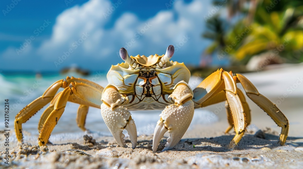 Close-Up of a Yellow Crab on a Sandy Beach with Blue Sky and Clouds in the Background Close-Up of a Yellow Crab on a Sandy Beach with Blue Sky and Clouds in the Background