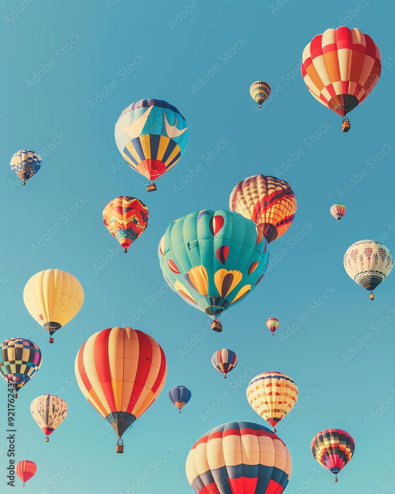 Colorful hot air balloons float in a clear blue sky. Colorful hot air balloons float in a clear blue sky.