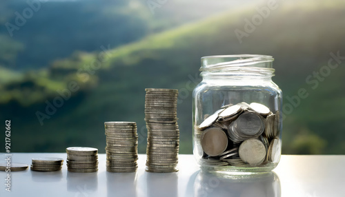 jar of coins.a closeup view of shiny coins stacked next to an empty glass jar, with a soft light accentuating the detailed textures and reflections on the coins. The design should convey a modern appr photo