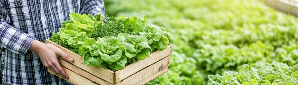 A person holding a wooden crate filled with fresh lettuce, showcasing green produce in a vibrant agricultural setting. A person holding a wooden crate filled with fresh lettuce, showcasing green produce in a vibrant agricultural setting.