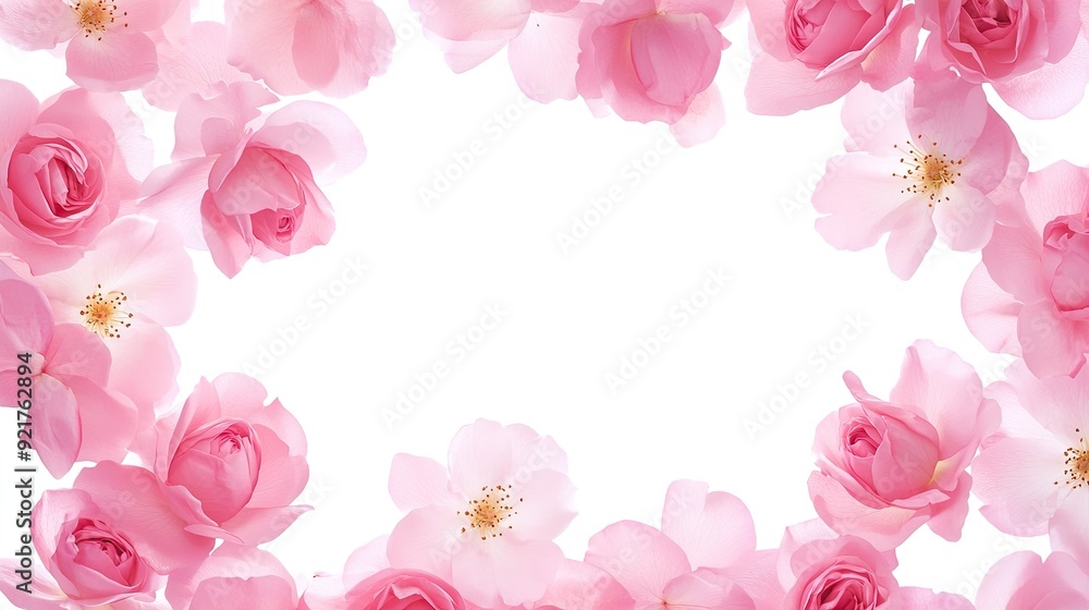Border of blooming pink roses, with elegant petals creating a romantic frame. Border of blooming pink roses, with elegant petals creating a romantic frame.