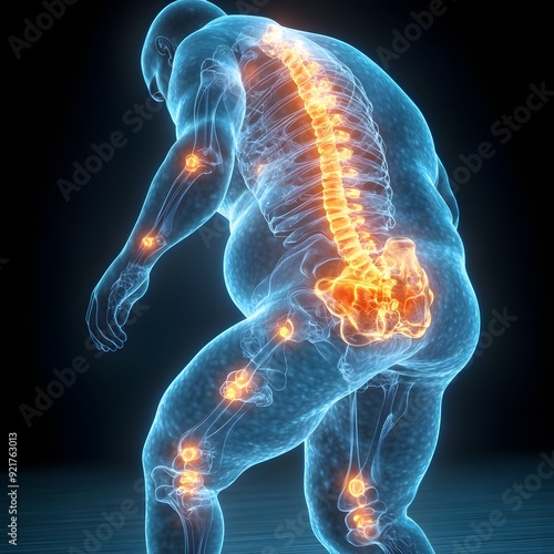 Back Pain from Obesity: An overweight person struggling to move, with a highlighted lower back showing the strain due to weight.