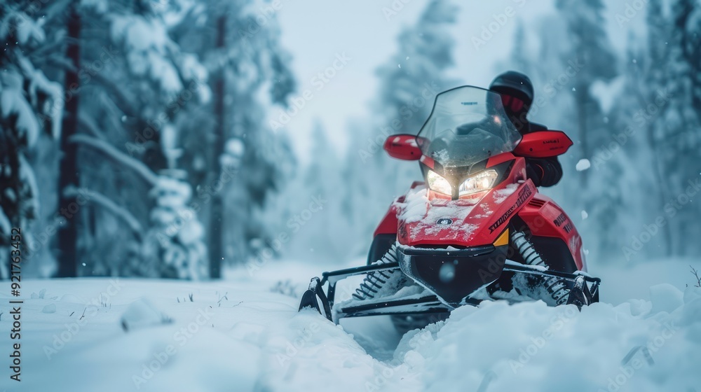 Red Snowmobile Partially Submerged in Snow with a Snowy Forest Background Red Snowmobile Partially Submerged in Snow with a Snowy Forest Background