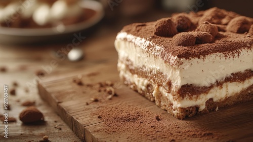 Close-up of tiramisu on a plate, with a warm candle creating a cozy atmosphere.