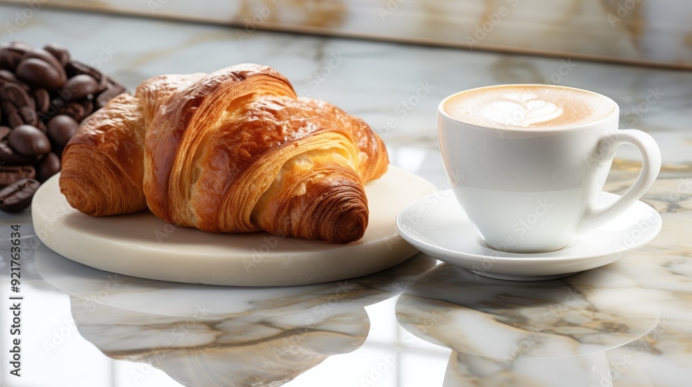 Freshly baked croissants on a marble countertop with a cup of coffee Freshly baked croissants on a marble countertop with a cup of coffee
