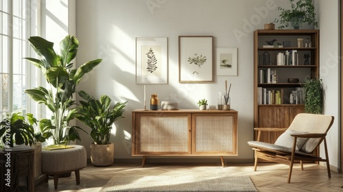 Cozy living room interior with a wooden commode and contemporary furnishings.
