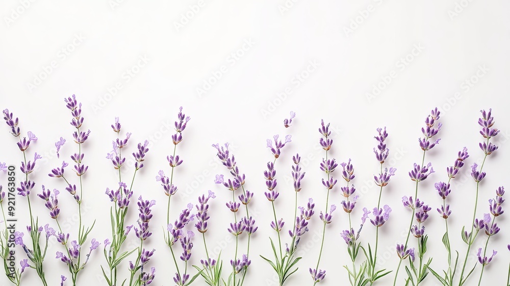 Naklejka premium Delicate lavender flowers spread out on a bright white background, perfect for relaxation themes.