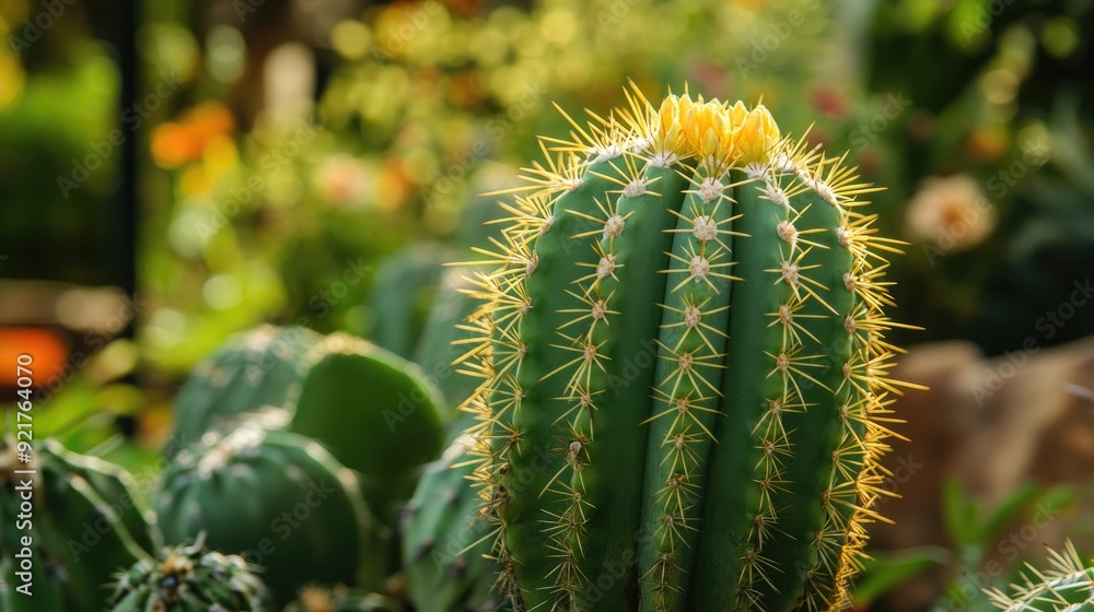 Detailed view of a green cactus adorned with yellow needles, set against the backdrop of a botanical garden. Detailed view of a green cactus adorned with yellow needles, set against the backdrop of a botanical garden.