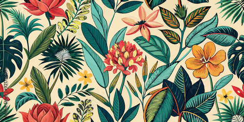 Seamless pattern of tropical flowers and leaves on beige background
