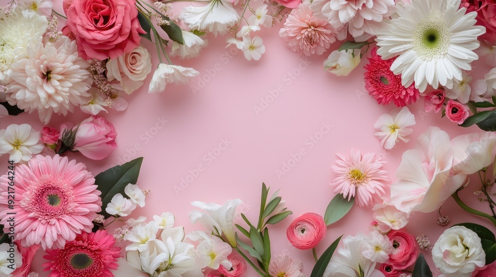 Elegant floral arrangement forming a frame on a pastel pink background, featuring pink and white flowers. Elegant floral arrangement forming a frame on a pastel pink background, featuring pink and white flowers.