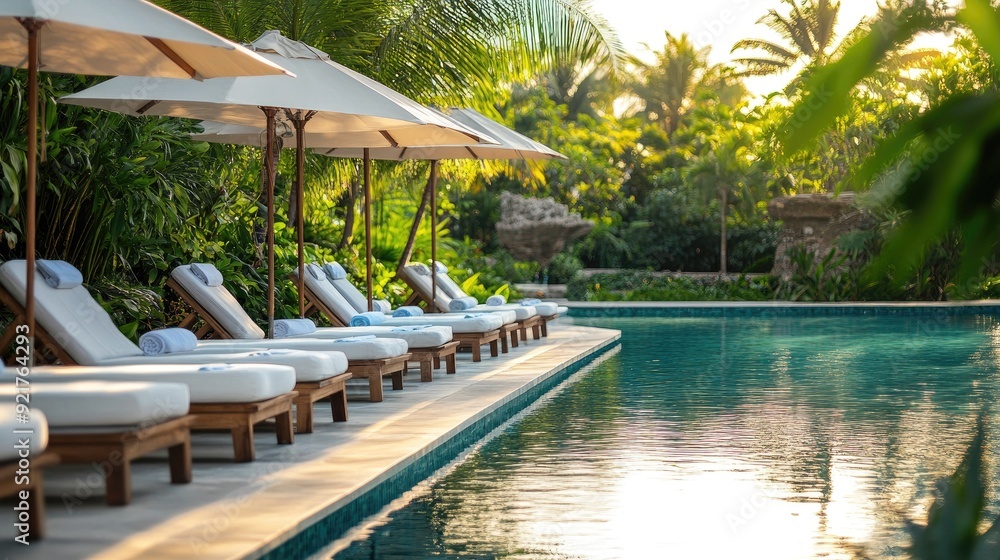 Elegant poolside view at a luxury resort, featuring sunbeds, umbrellas ...