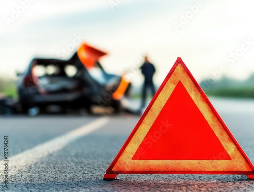 A red warning triangle on a road with a damaged car in the background, highlighting the importance of road safety and caution.