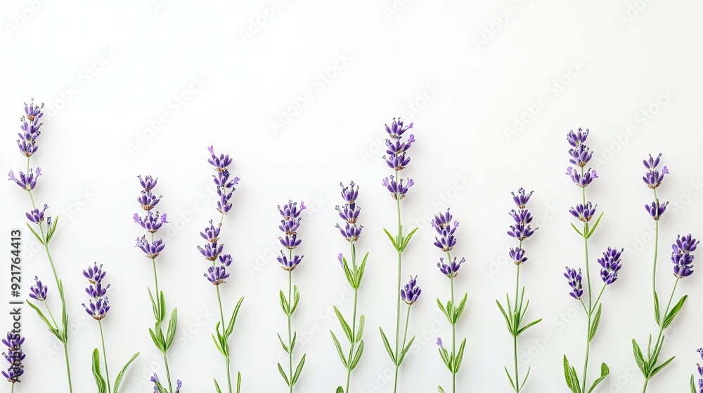 Naklejka premium Flat lay of lavender flowers arranged on a white background, creating a calming effect.