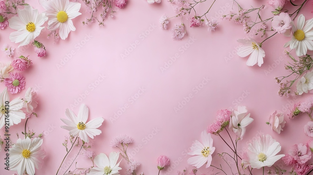 Naklejka premium Flat lay of a delicate frame made of pink and white flowers on a pastel pink background, with space for text in the center.