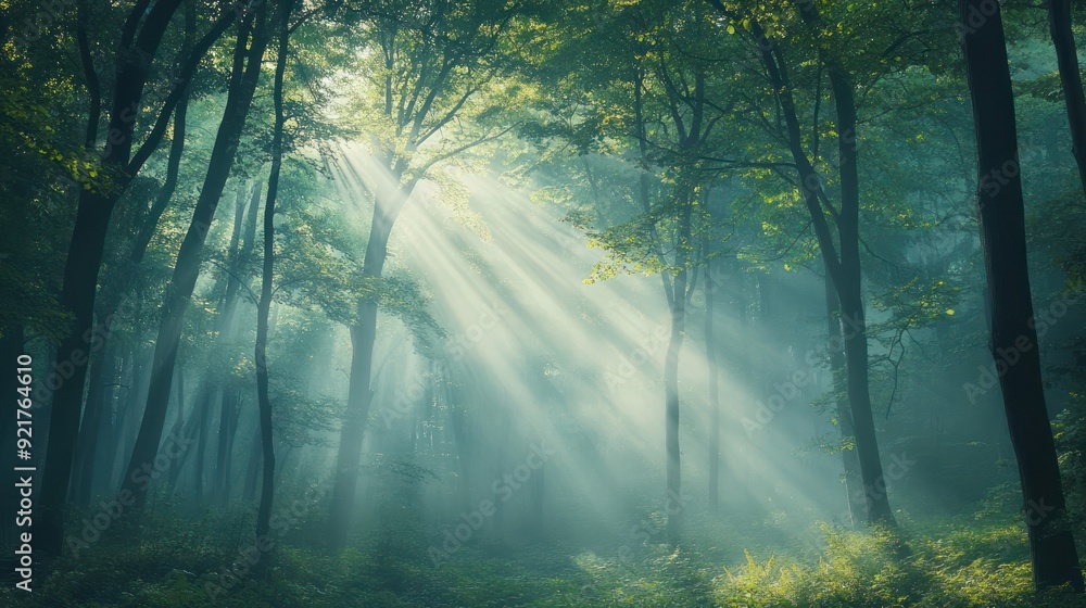 Sunbeams Through Misty Forest Sunbeams Through Misty Forest