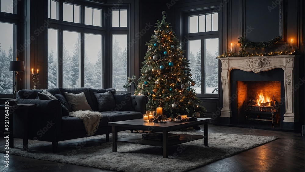 Living room interior with decorated fireplace and christmas tree Living room interior with decorated fireplace and christmas tree