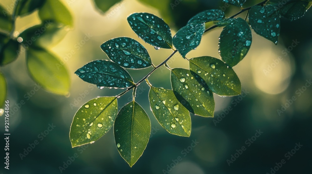 Lush green leaves on a branch, captured in detail with soft light filtering through. Lush green leaves on a branch, captured in detail with soft light filtering through.