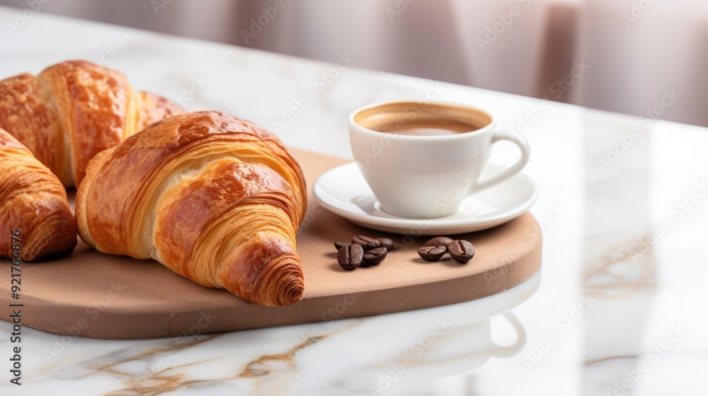Freshly baked croissants on a marble countertop with a cup of coffee Freshly baked croissants on a marble countertop with a cup of coffee