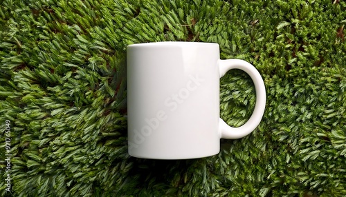 Plain white mug mockup for affixing text to the grass, Showcase, Template. photo