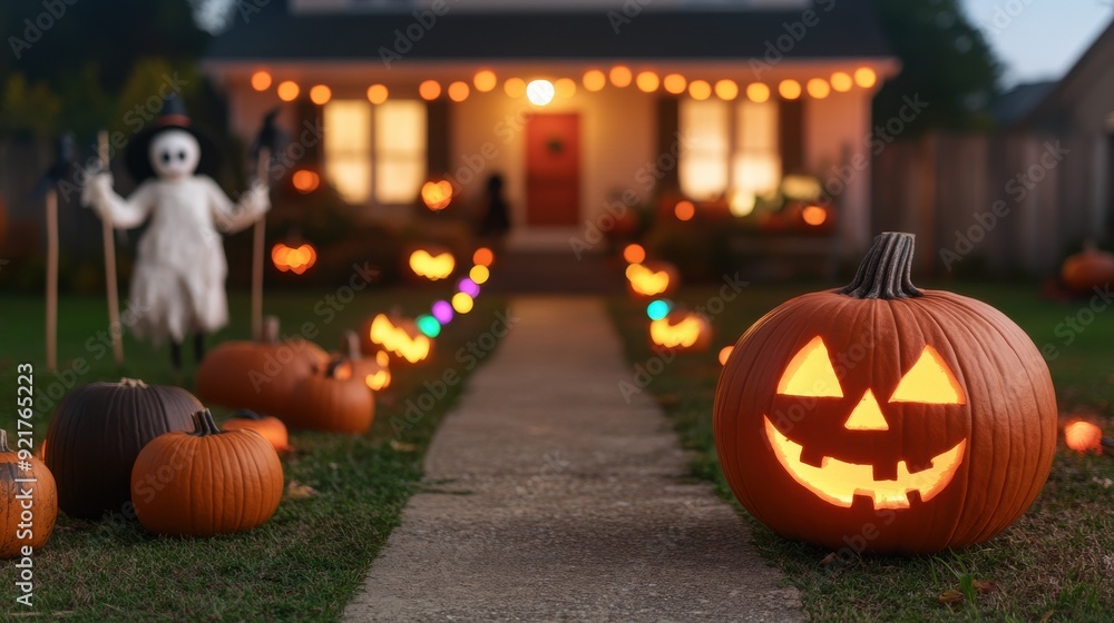 Obraz premium A spooky Halloween scene with carved pumpkins and decorations, perfect for capturing the festive spirit of the season.