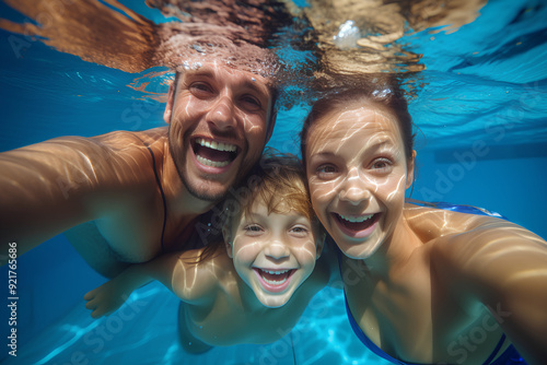 Happy smiling family underwater in swimming pool. Mother and children swim and having fun. Kids sport on family summer vacation. Active healthy holiday