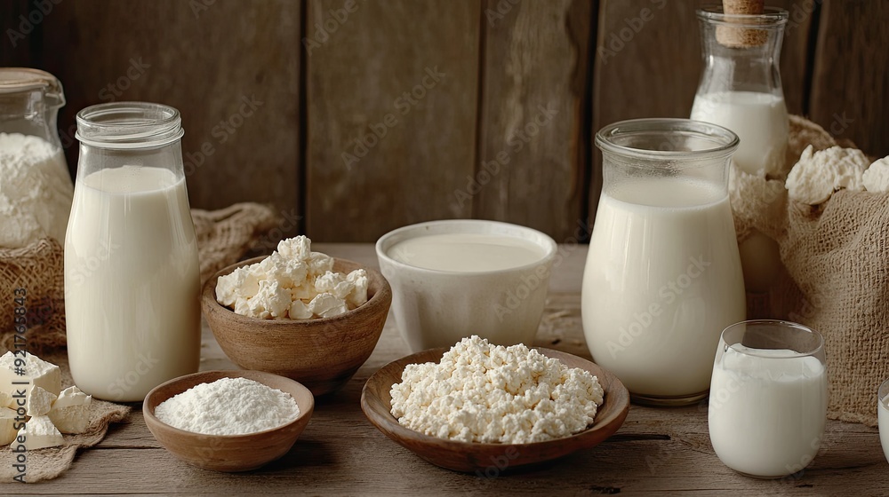 Various milk products displayed on a wooden table, emphasizing their natural and wholesome quality. Various milk products displayed on a wooden table, emphasizing their natural and wholesome quality.
