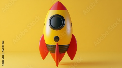 A yellow and red cartoon rocket stands on a bright yellow background.