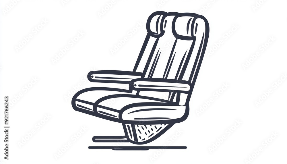 Drawing of a reclined airplane seat with armrests in a minimalist style Drawing of a reclined airplane seat with armrests in a minimalist style