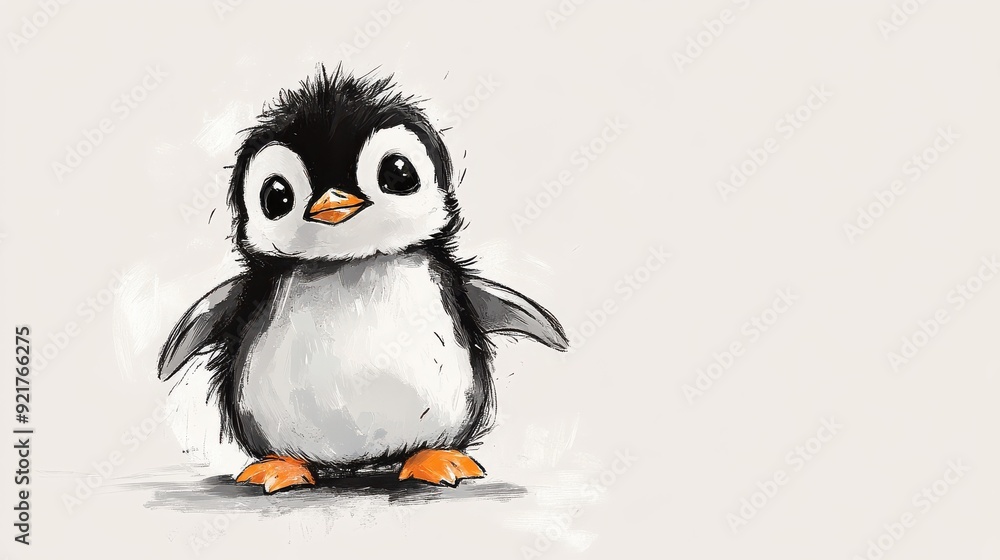 Obraz premium Adorable cartoon penguin with fluffy feathers and bright orange feet, perfect for children's illustrations and playful designs.