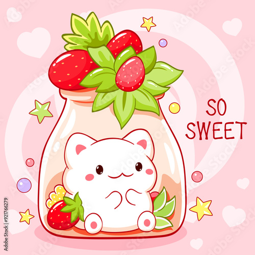 So cute card. Tiny cat with berries in glass bottle. Kawaii kitty with strawberry. Fresh Beverage and Drink. Can be used for t-shirt print, sticker, greeting card. Vector illustration EPS8