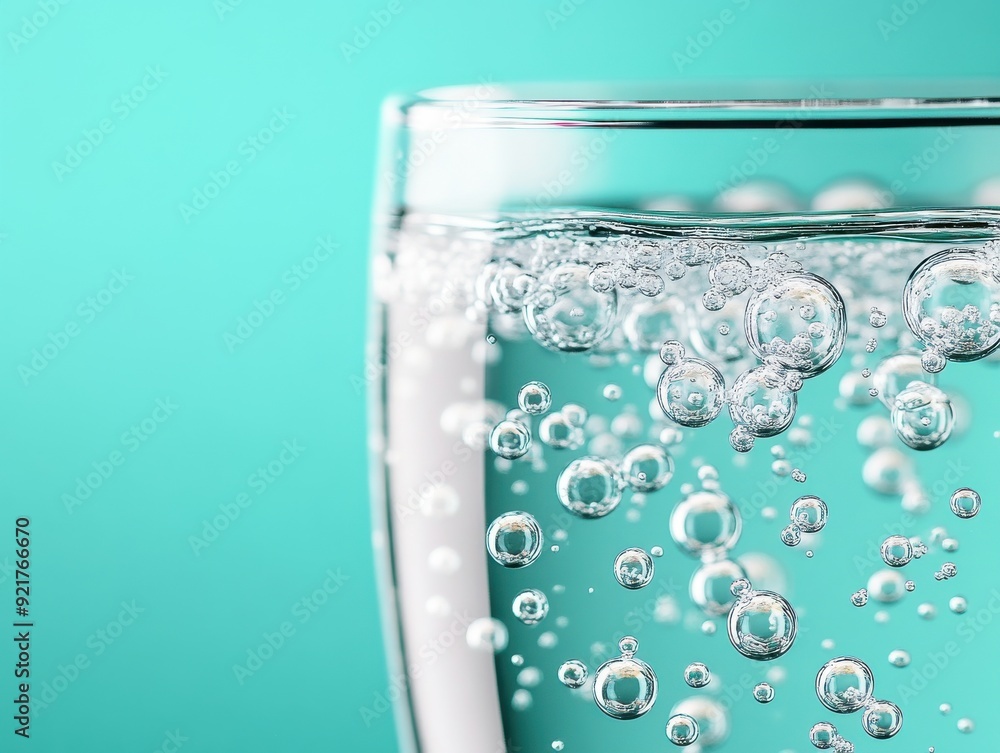 Close-up of a glass filled with sparkling water, showcasing bubbles rising in a refreshing turquoise background. Close-up of a glass filled with sparkling water, showcasing bubbles rising in a refreshing turquoise background.