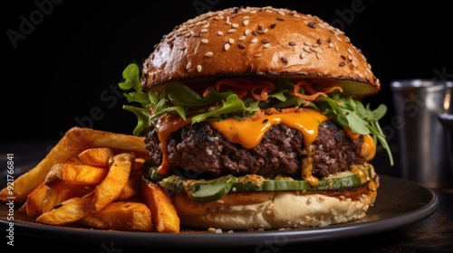 Gourmet burger with a side of sweet potato fries
