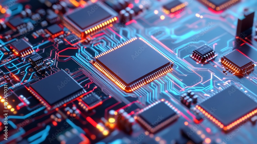 Close-up view of a high-tech circuit board with intricate details and glowing lights, showcasing advanced electronic design. Close-up view of a high-tech circuit board with intricate details and glowing lights, showcasing advanced electronic design.