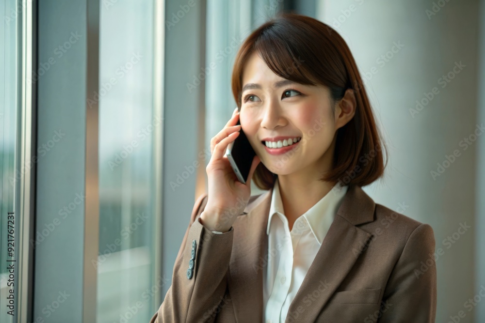 コミュニケーションを強調する、企業のオフィスを背景にスマートフォンで話す日本のビジネスウーマン コミュニケーションを強調する、企業のオフィスを背景にスマートフォンで話す日本のビジネスウーマン