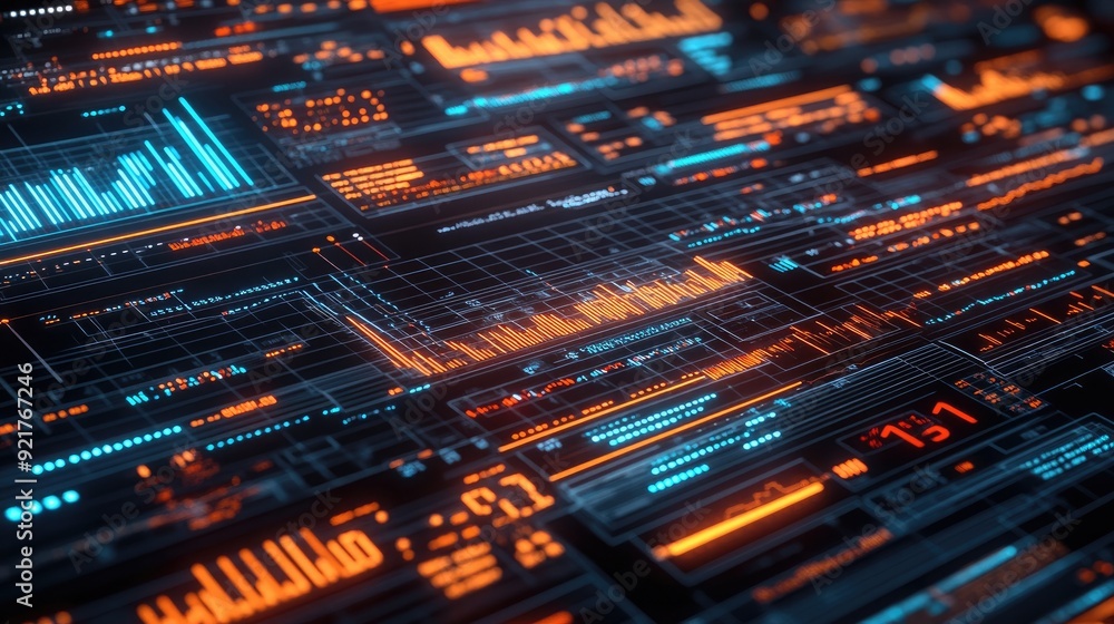 Obraz premium Abstract futuristic background with data, graphs, and digital lines in neon blue and orange.