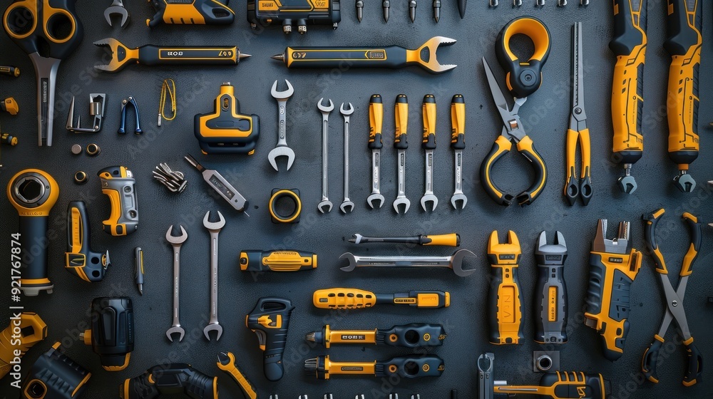 Collection of tools and hardware, including wrenches, pliers, and screwdrivers on a dark blue background Collection of tools and hardware, including wrenches, pliers, and screwdrivers on a dark blue background