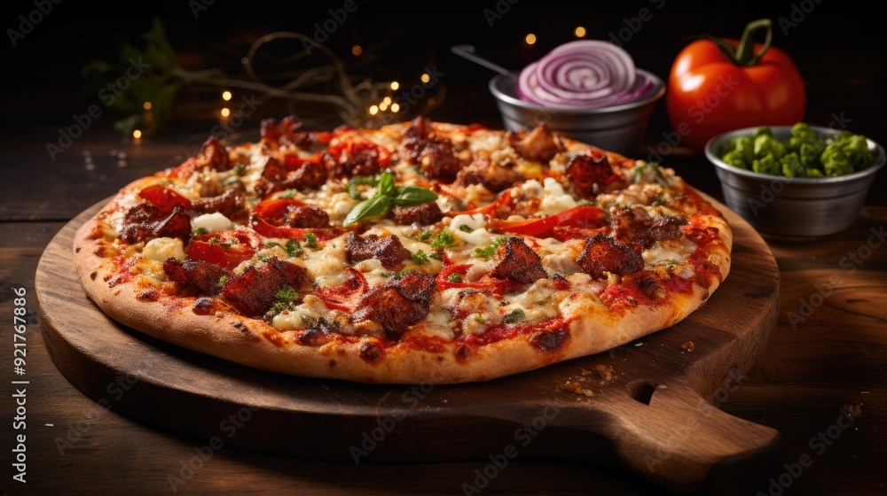 Homemade pizza with a variety of toppings on a wooden board Homemade pizza with a variety of toppings on a wooden board