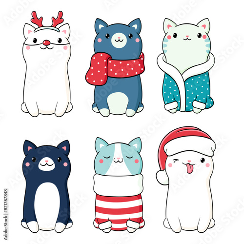 Christmas collection of cute cats in scarves and hats. Winter holiday set with kawaii kittens. Vector illustration EPS8