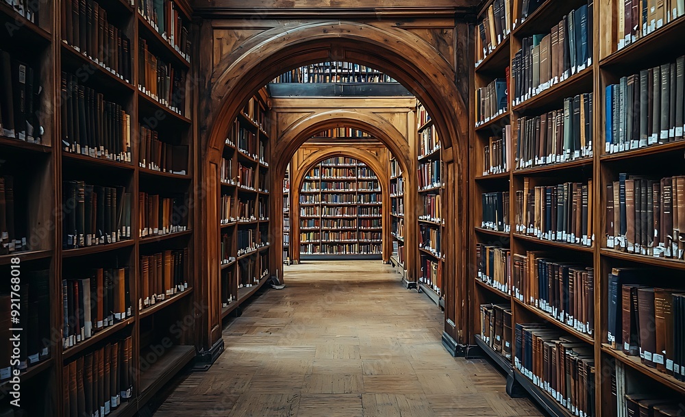 An arched hallway in a library, with wooden bookshelves stacked with books, creating a path toward the light. An arched hallway in a library, with wooden bookshelves stacked with books, creating a path toward the light.