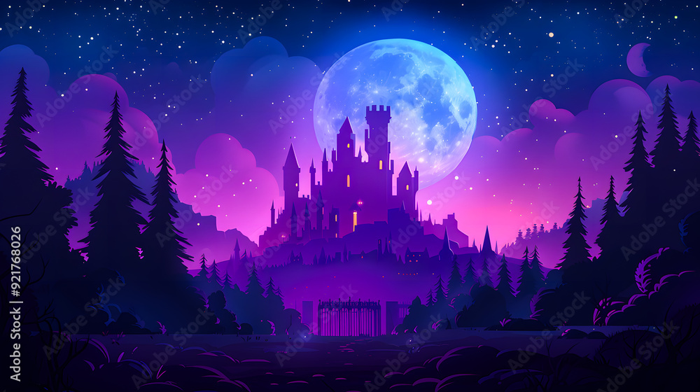 Modern twilight dark purple scene with kingdom palace, glowing windows and gates in a nighttime cartoon landscape with a fairytale medieval castle in a countryside under the light of a full moon