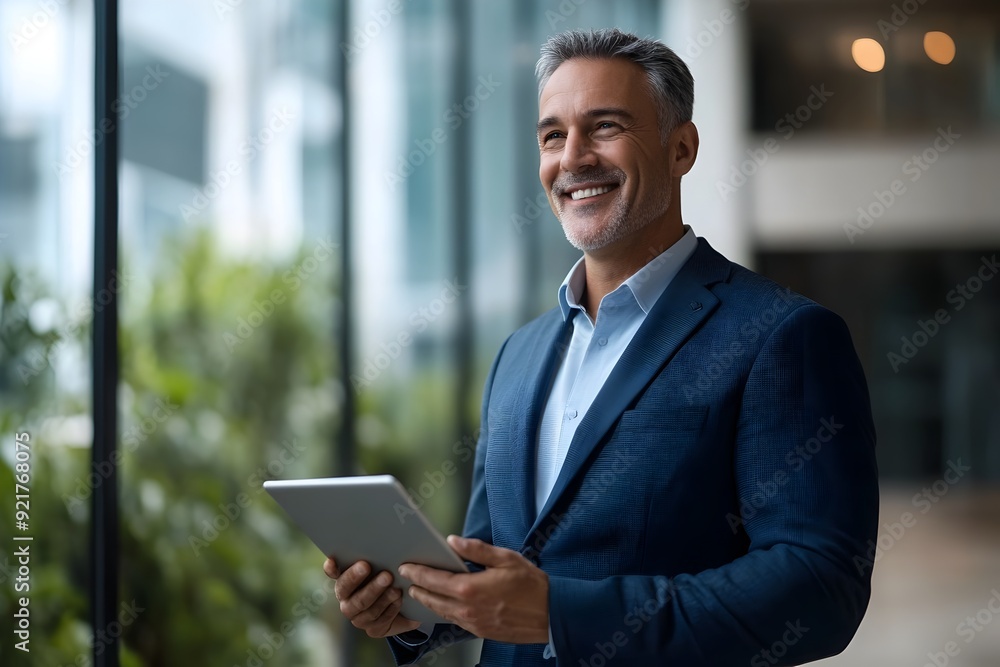 Confident Middle Aged Businessman Using Digital Tablet in Corporate Setting Confident Middle Aged Businessman Using Digital Tablet in Corporate Setting