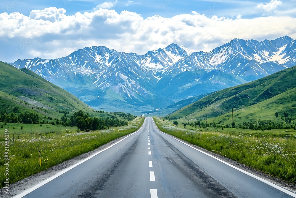 Naklejka premium A winding paved road through a lush green valley with snow-capped mountains in the background.