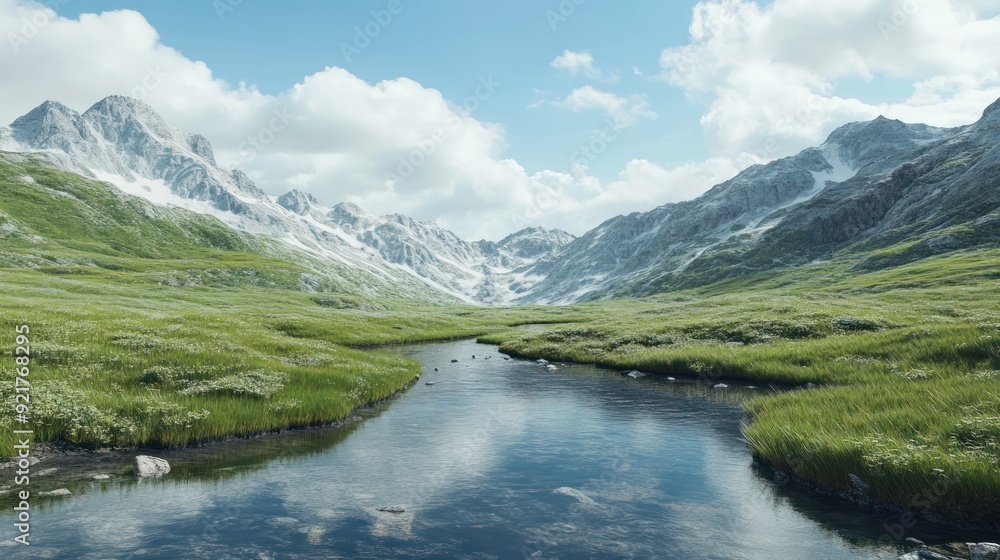 Serene Mountain Stream in a Verdant Valley Serene Mountain Stream in a Verdant Valley