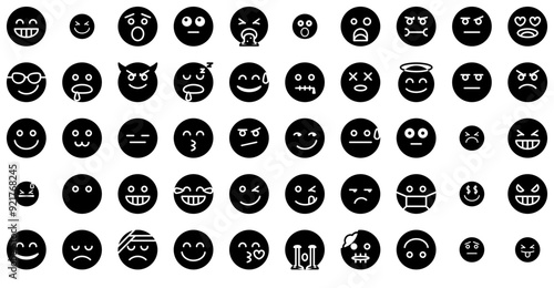 Mega Set Of Vector Expressive Emoticons Glyph Icons Collection Isolated Silhouette Solid Icons Including Emoji,Smile,Happy,Annoyed,Emoticon Business Infographic Elements Logo Vector Illustration