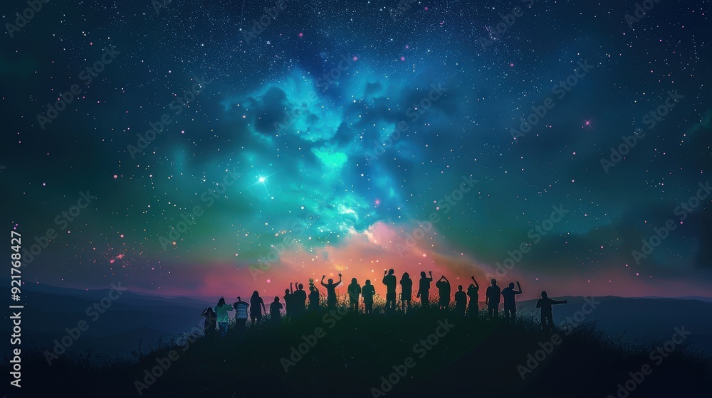 Silhouettes of People Admiring a Night Sky with Stars and Nebula Silhouettes of People Admiring a Night Sky with Stars and Nebula