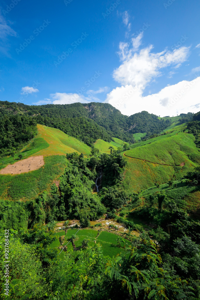 Obraz premium The mountainous landscape of the tropical forest in Nan Province, Thailand is a paradise for drivers and nature tourists.