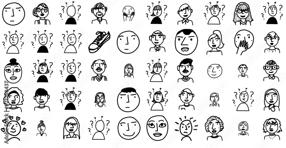 Set Of Linear Faces And People Hand Drawn Icons Collection Isolated Silhouette Solid Icons Including Face,Woman,Hand-Drawn,Person,Confusion Business Infographic Elements Logo Vector Illustration Set Of Linear Faces And People Hand Drawn Icons Collection Isolated Silhouette Solid Icons Including Face,Woman,Hand-Drawn,Person,Confusion Business Infographic Elements Logo Vector Illustration
