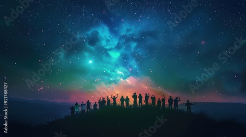 Silhouettes of People Admiring a Night Sky with Stars and Nebula